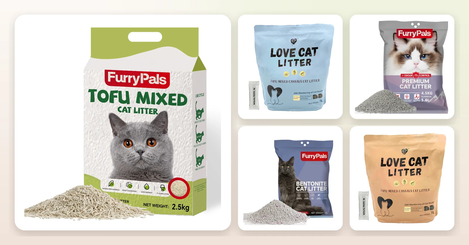 FurryPals cat litter range — tofu mixed, sea breeze, sodium and bentonite clumping litter